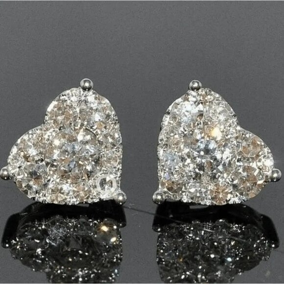 Heart-Shaped‎ Silver Toned Earrings With Sparkling Cubic Zirconia Stones - Picture 1 of 3